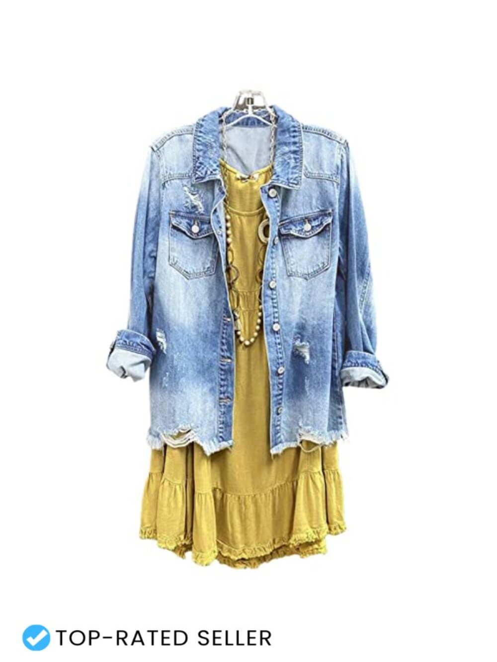 Women's Distressed Denim Shacket Long Sleeve Button Jean Jacket